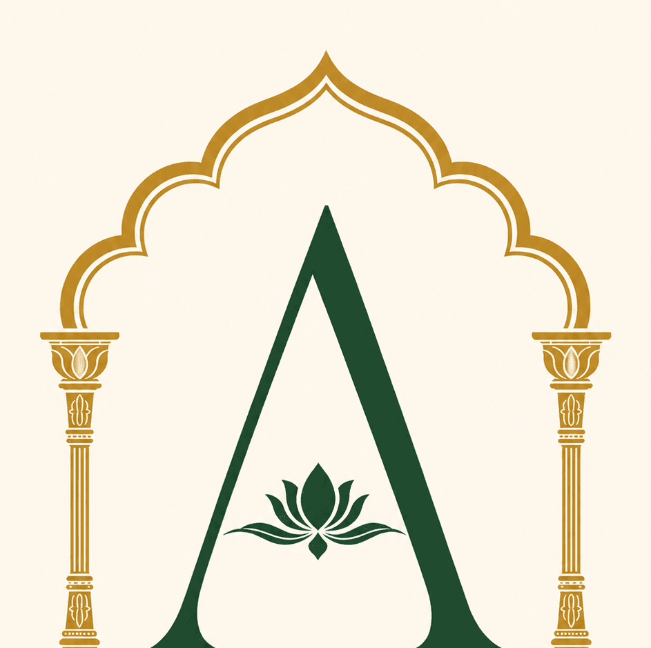 The House of Amritsar emblem — olive A monogram with lotus, beneath a gold arch, on an ivory background