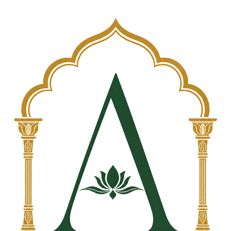 The House of Amritsar emblem — olive A monogram with lotus, beneath a gold arch
