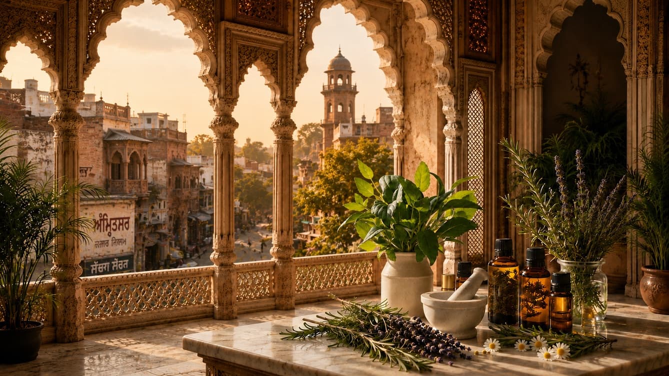 Amritsar seen through a carved heritage archway